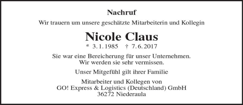  Traueranzeige für Nicole Claus vom 19.06.2017 aus  Gießener Anzeiger