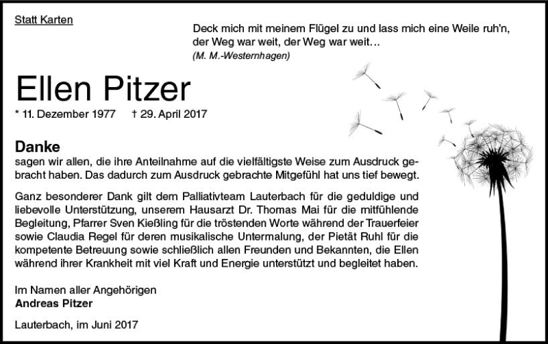  Traueranzeige für Ellen Pitzer vom 24.06.2017 aus  Oberhessische Zeitung