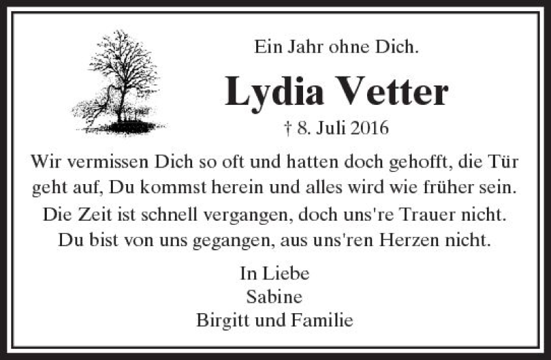  Traueranzeige für Lydia Vetter vom 08.07.2017 aus  Usinger Anzeiger