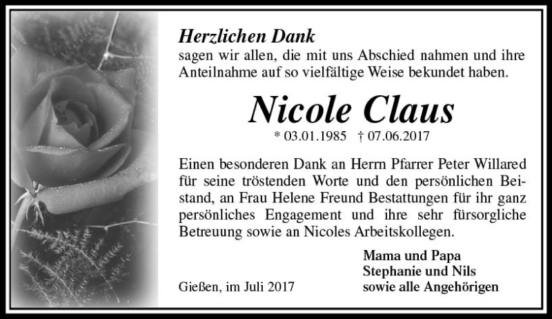 Traueranzeige für Nicole Claus vom 08.07.2017 aus  Gießener Anzeiger
