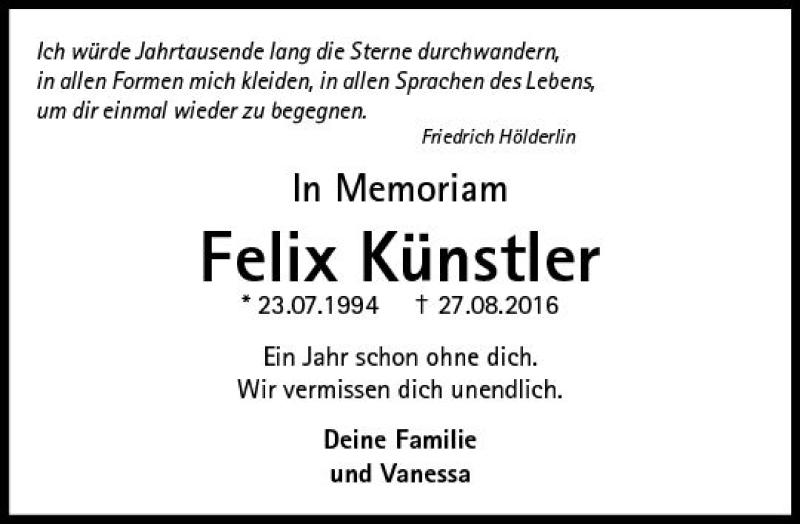  Traueranzeige für Felix Künstler vom 26.08.2017 aus  Oberhessische Zeitung