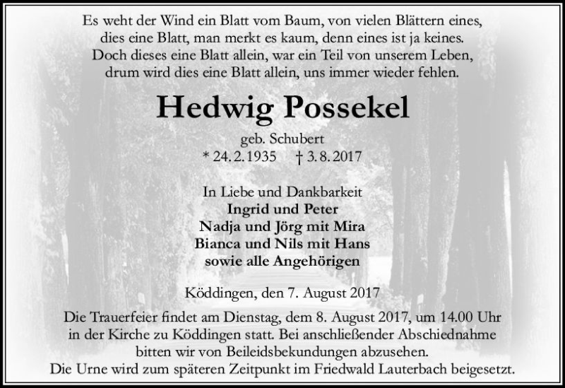  Traueranzeige für Hedwig Possekel vom 07.08.2017 aus VRM Trauer