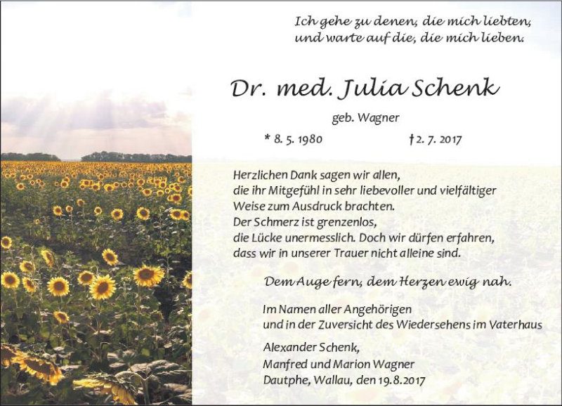  Traueranzeige für Julia Schenk vom 19.08.2017 aus  Gießener Anzeiger