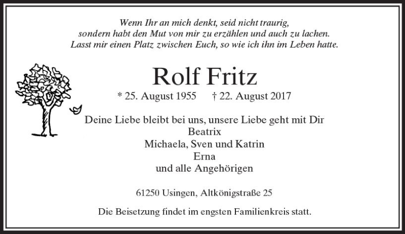  Traueranzeige für Rolf Fritz vom 26.08.2017 aus  Usinger Anzeiger