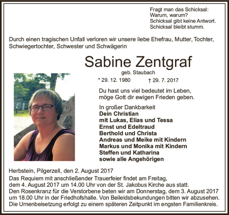  Traueranzeige für Sabine Zentgraf vom 02.08.2017 aus  Lauterbacher Anzeiger