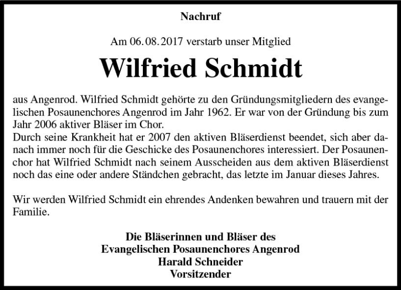  Traueranzeige für Wilfried Schmidt vom 18.08.2017 aus VRM Trauer