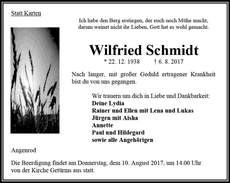  Traueranzeige für Wilfried Schmidt vom 08.08.2017 aus VRM Trauer
