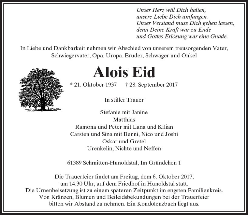  Traueranzeige für Alois Eid vom 30.09.2017 aus  Usinger Anzeiger