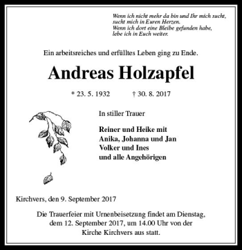 Traueranzeige von Andreas Holzapfel von  Gießener Anzeiger