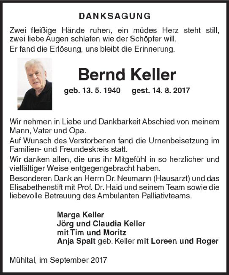  Traueranzeige für Bernd Keller vom 02.09.2017 aus Trauerportal Echo Online