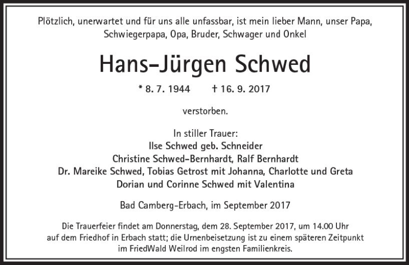  Traueranzeige für Hans-Jürgen Schwed vom 21.09.2017 aus  Camberger Anzeiger