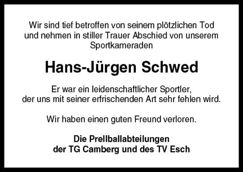  Traueranzeige für Hans-Jürgen Schwed vom 21.09.2017 aus  Camberger Anzeiger