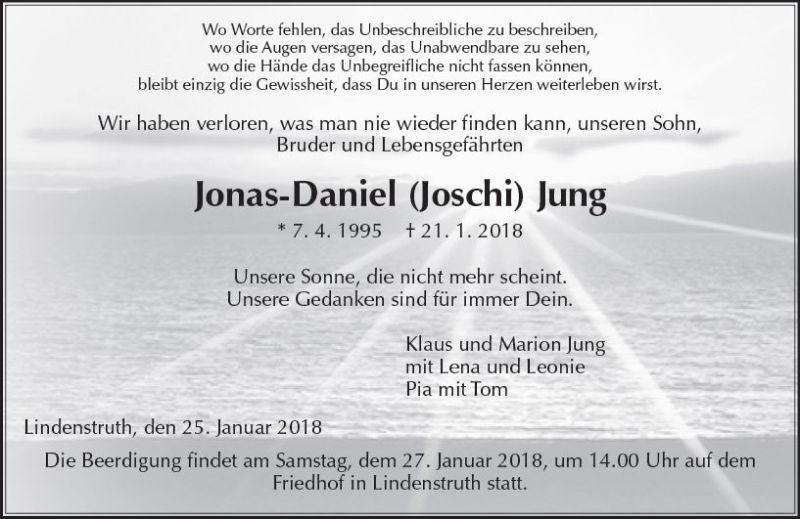  Traueranzeige für Jonas-Daniel Jung vom 25.01.2018 aus  Gießener Anzeiger