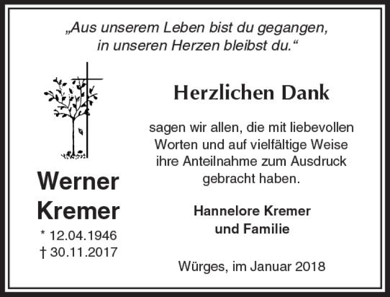  Traueranzeige für Werner Kremer vom 11.01.2018 aus  Camberger Anzeiger