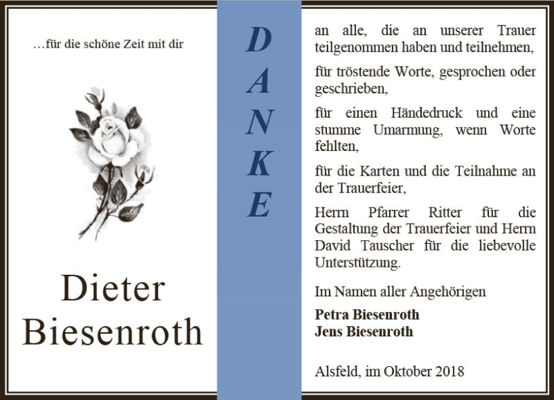  Traueranzeige für Dieter Biesenroth vom 06.10.2018 aus VRM Trauer