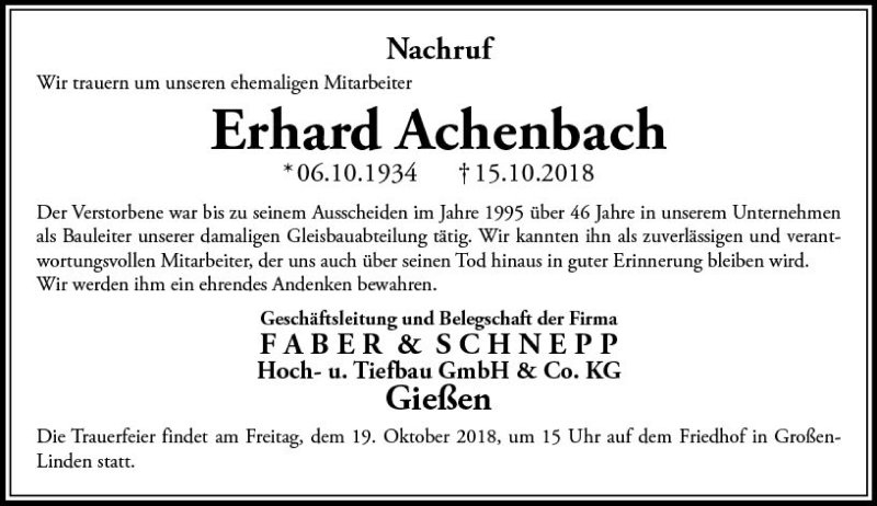  Traueranzeige für Erhard Achenbach vom 18.10.2018 aus  Gießener Anzeiger