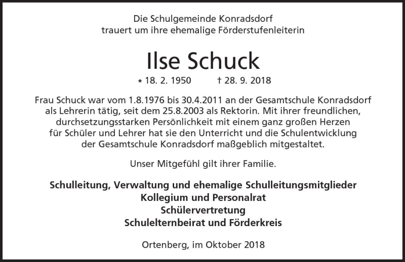  Traueranzeige für Ilse Schuck vom 20.10.2018 aus  Kreisanzeiger
