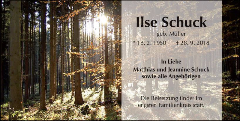  Traueranzeige für Ilse Schuck vom 13.10.2018 aus  Kreisanzeiger