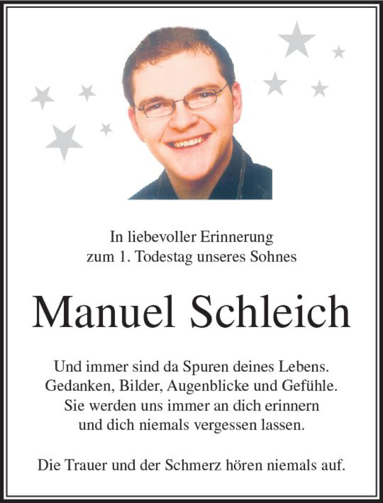  Traueranzeige für Manuel Schleich vom 02.10.2018 aus VRM Trauer