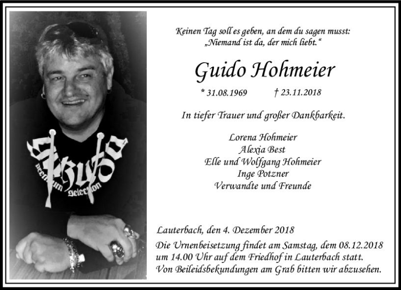  Traueranzeige für Guido Hohmeier vom 04.12.2018 aus VRM Trauer