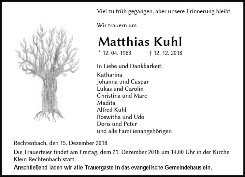  Traueranzeige für Matthias Kuhl vom 15.12.2018 aus  WNZ - Wetzlarer Neue Zeitung ()