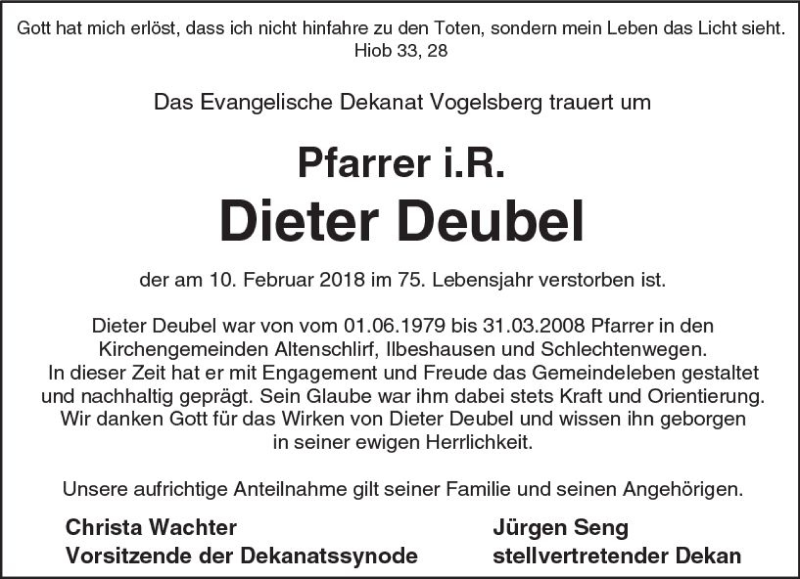  Traueranzeige für Dieter Deubel vom 17.02.2018 aus  Lauterbacher Anzeiger
