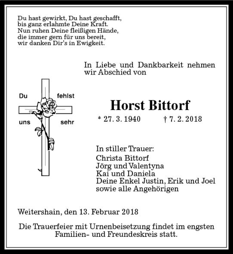  Traueranzeige für Horst Bittorf vom 13.02.2018 aus  Gießener Anzeiger