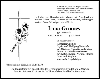 Traueranzeige von Irma Gromes von  Gießener Anzeiger