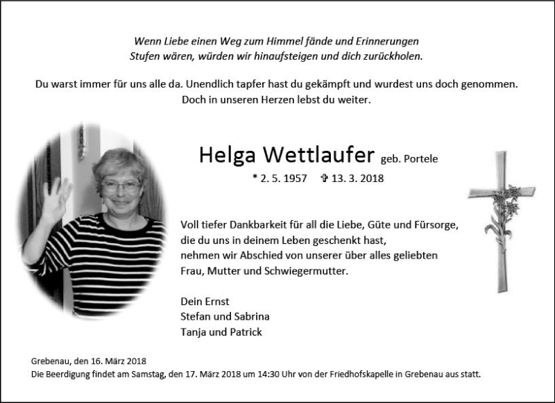  Traueranzeige für Helga Wettlaufer vom 16.03.2018 aus  Oberhessische Zeitung