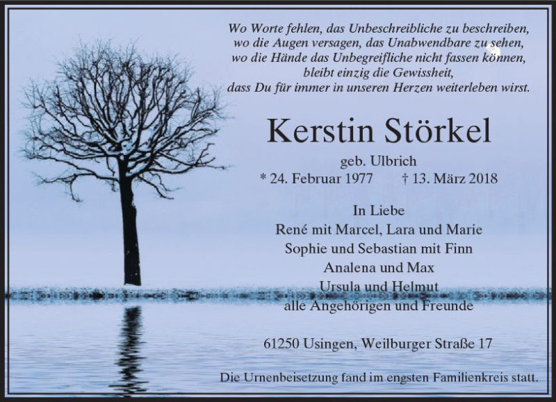  Traueranzeige für Kerstin Störkel vom 28.03.2018 aus  Usinger Anzeiger