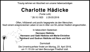 Traueranzeige von Charlotte Hädicke von Trauerportal Rhein Main Presse