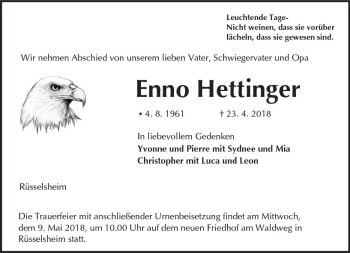 Traueranzeige von Enno Hettinger von Trauerportal Rhein Main Presse