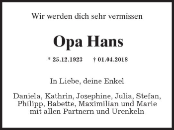 Traueranzeige von Hans  von Trauerportal Rhein Main Presse