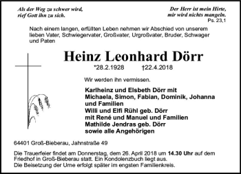 Traueranzeige von Heinz Leonhard Dörr von Trauerportal Rhein Main Presse