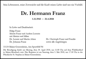 Traueranzeige von Hermann Franz von Trauerportal Rhein Main Presse