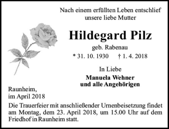 Traueranzeige von Hildegard Pilz von Trauerportal Rhein Main Presse