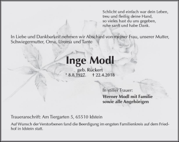 Traueranzeige von Inge Modl von Trauerportal Rhein Main Presse