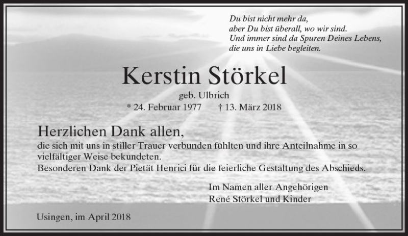  Traueranzeige für Kerstin Störkel vom 14.04.2018 aus  Usinger Anzeiger