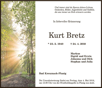 Traueranzeige von Kurt Bretz von Trauerportal Rhein Main Presse