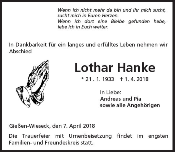 Traueranzeige von Lothar Hanke von  Gießener Anzeiger