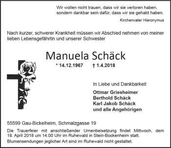 Traueranzeige von Manuela Schäck von Trauerportal Rhein Main Presse