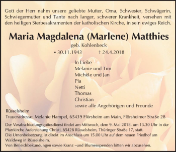 Traueranzeige von Maria Magdalena Matthies von Trauerportal Rhein Main Presse