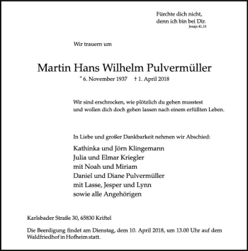 Traueranzeige von Martin Hans Wilhelm Pulvermüller von Trauerportal Rhein Main Presse