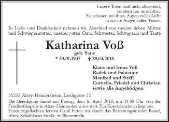 Traueranzeige von Totentafel Voß von Trauerportal Rhein Main Presse