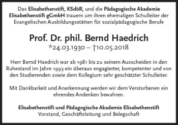 Traueranzeige von Bernd Haedrich von Trauerportal Rhein Main Presse