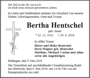 Traueranzeige von Bertha Hentschel von  Kreisanzeiger