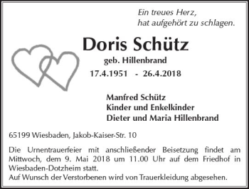 Traueranzeige von Doris Schütz von Trauerportal Rhein Main Presse