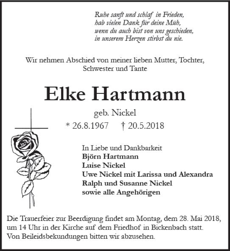  Traueranzeige für Elke Hartmann vom 26.05.2018 aus Trauerportal Rhein Main Presse