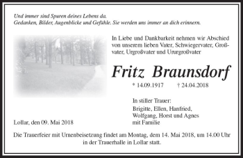 Traueranzeige von Fritz Braunsdorf von  Gießener Anzeiger