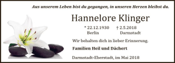 Traueranzeige von Hannelore Klinger von Trauerportal Rhein Main Presse
